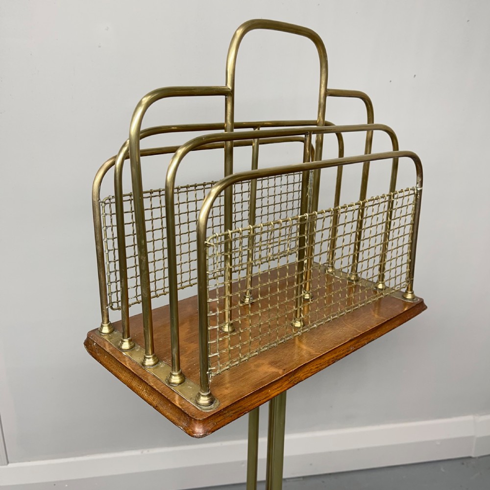 Brass and oak revolving magazine rack on claw feet View V