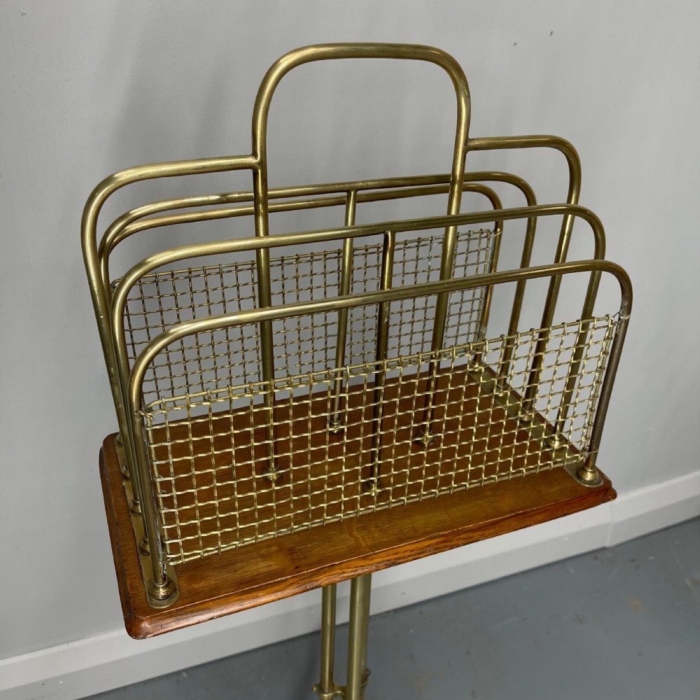 Brass and oak revolving magazine rack on claw feet View VI