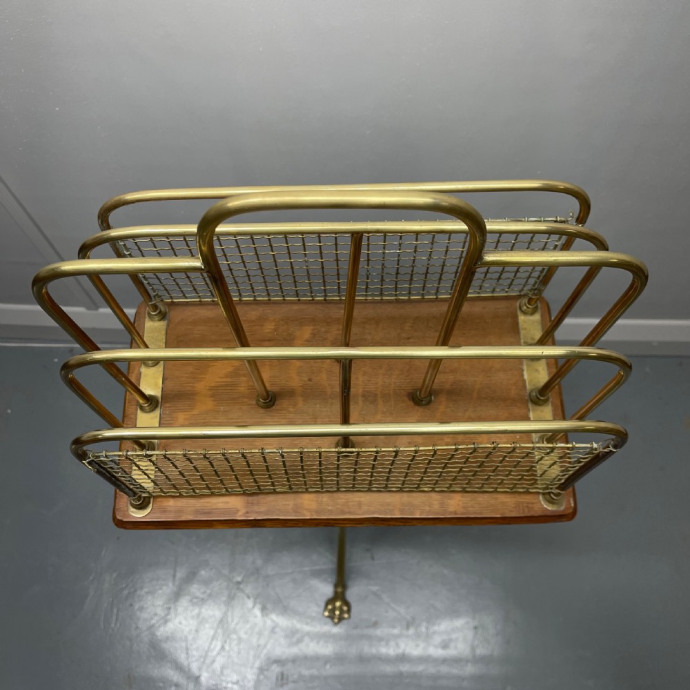 Brass and oak revolving magazine rack on claw feet View VII