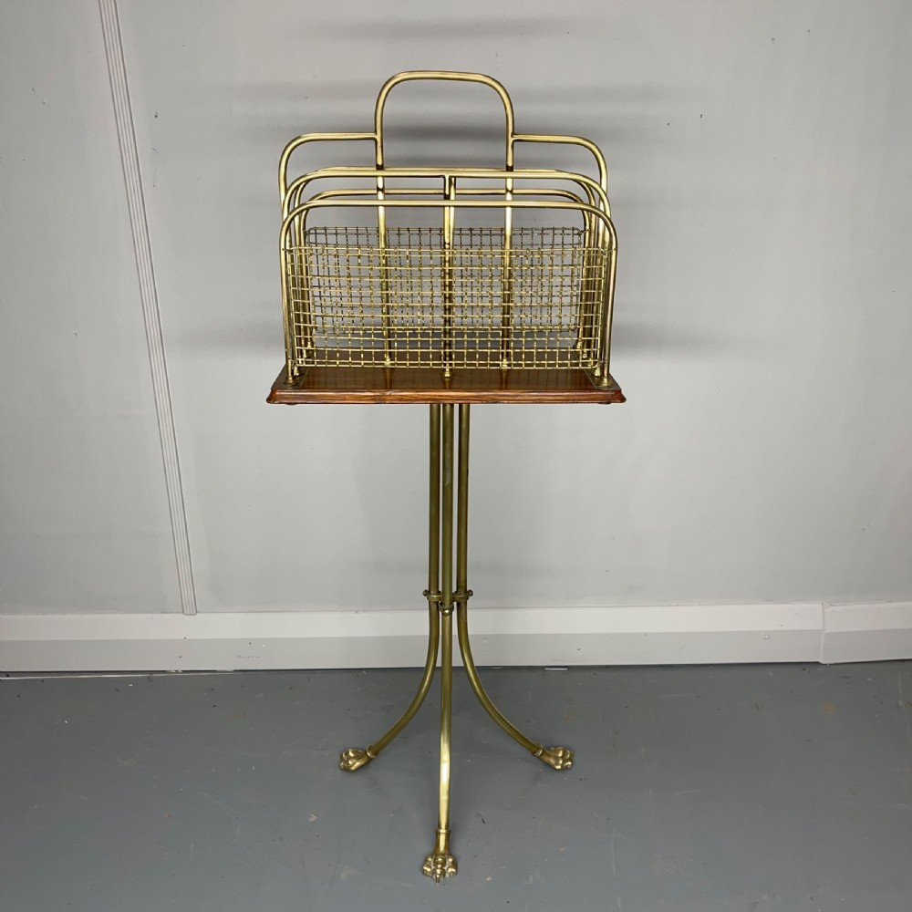 Brass and oak revolving magazine rack on claw feet View VIII