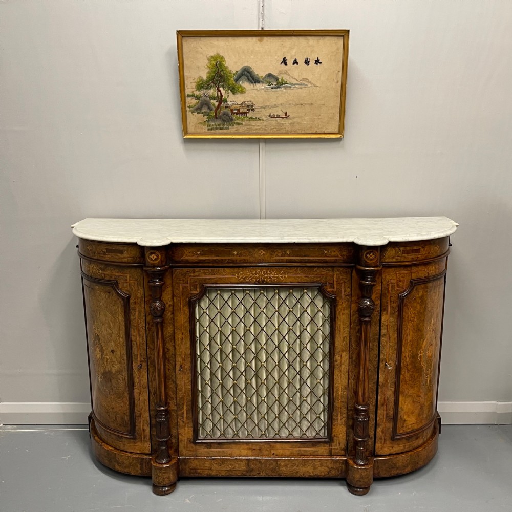 Burr walnut and marquetry Credenza with marble top View II