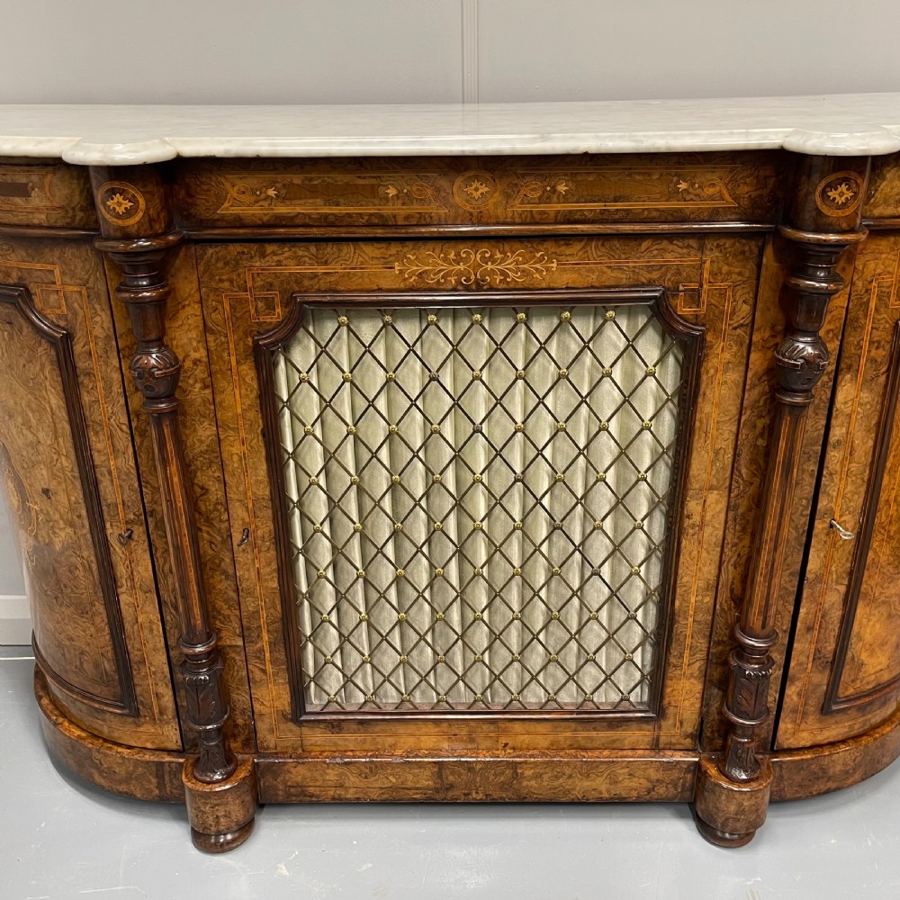 Burr walnut and marquetry Credenza with marble top View X
