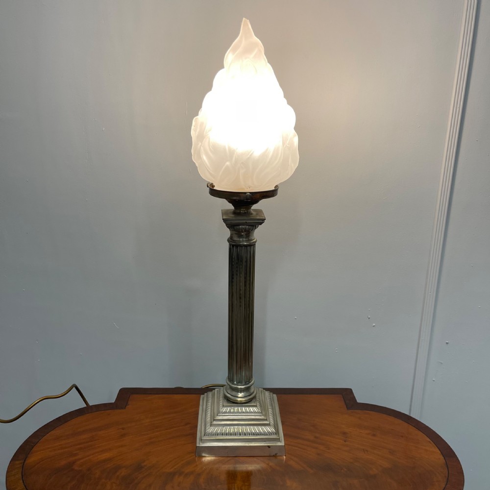 Nickel plated Corinthian column lamp with glass torch shade View II