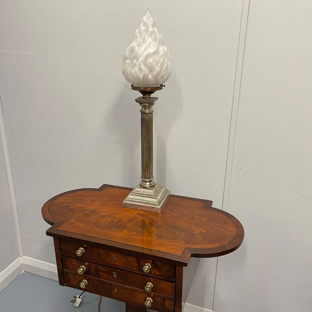 Nickel plated Corinthian column lamp with glass torch shade View III