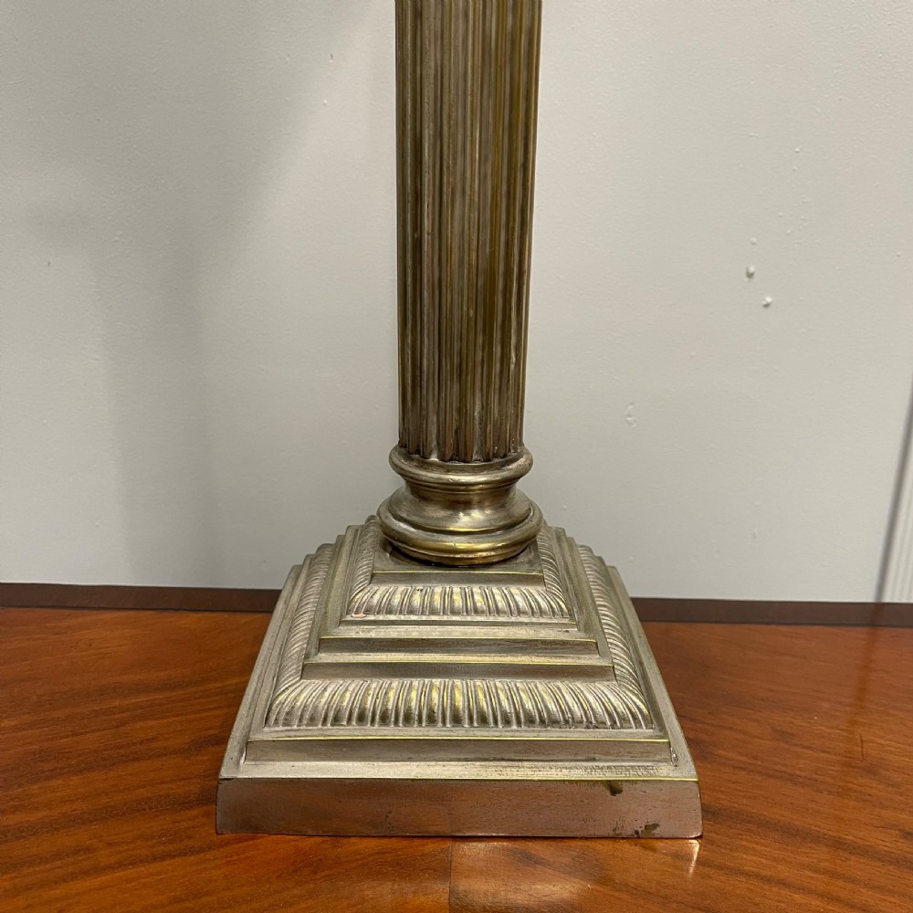 Nickel plated Corinthian column lamp with glass torch shade View V