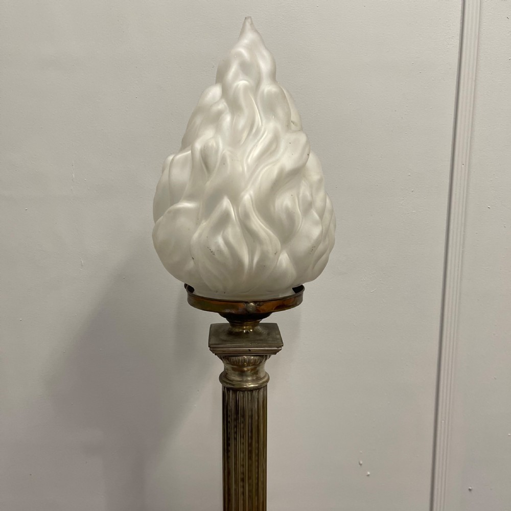Nickel plated Corinthian column lamp with glass torch shade View VI