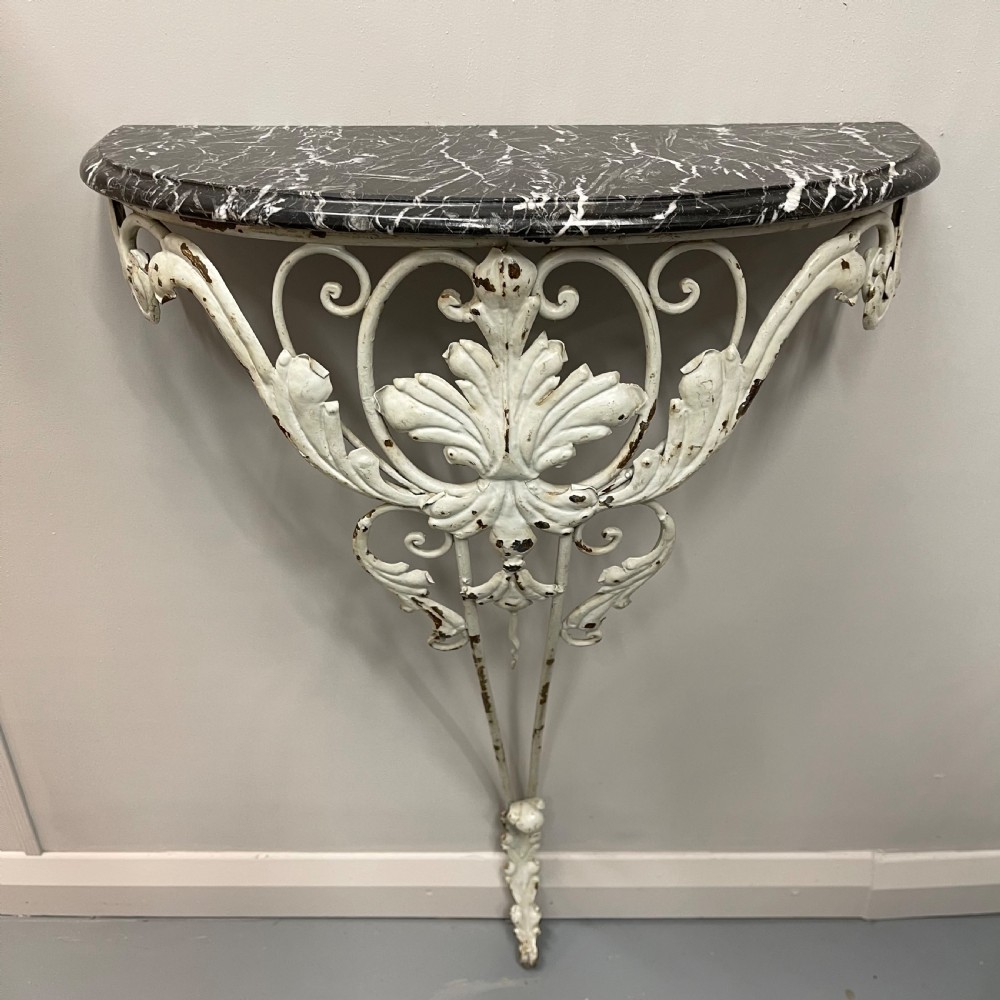 French marble top wrought iron demi lune console table
