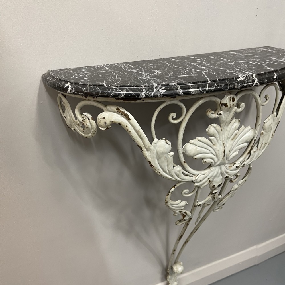 French marble top wrought iron demi lune console table View IV