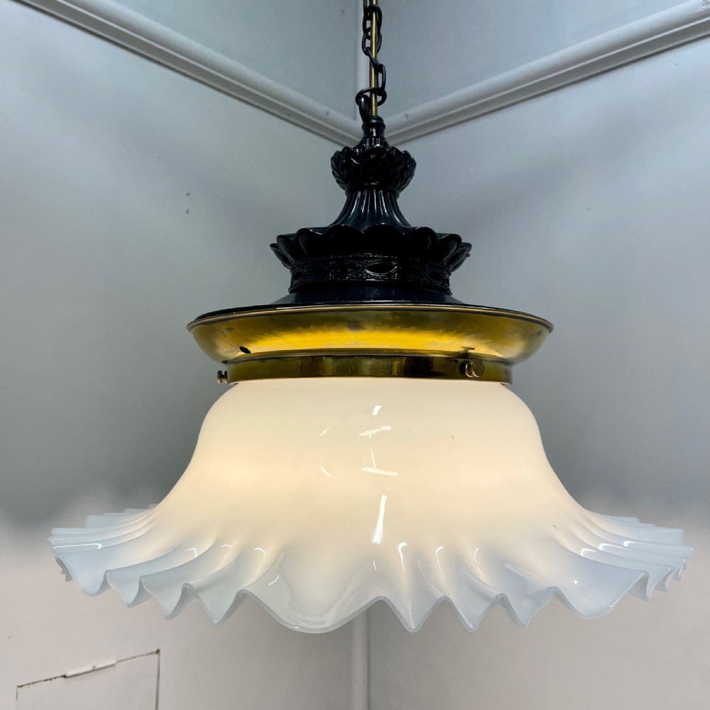 Large Victorian hanging pendant light with milk glass shade 