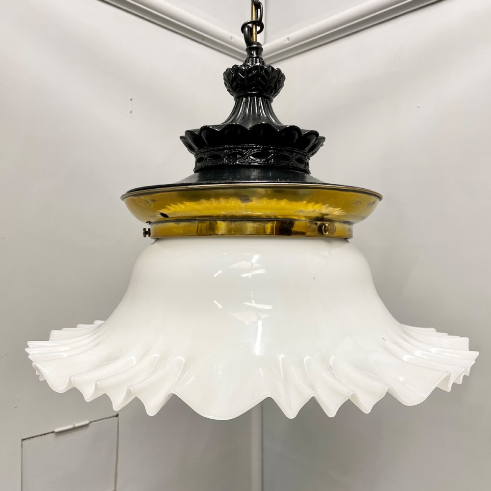 Large Victorian hanging pendant light with milk glass shade  View VI