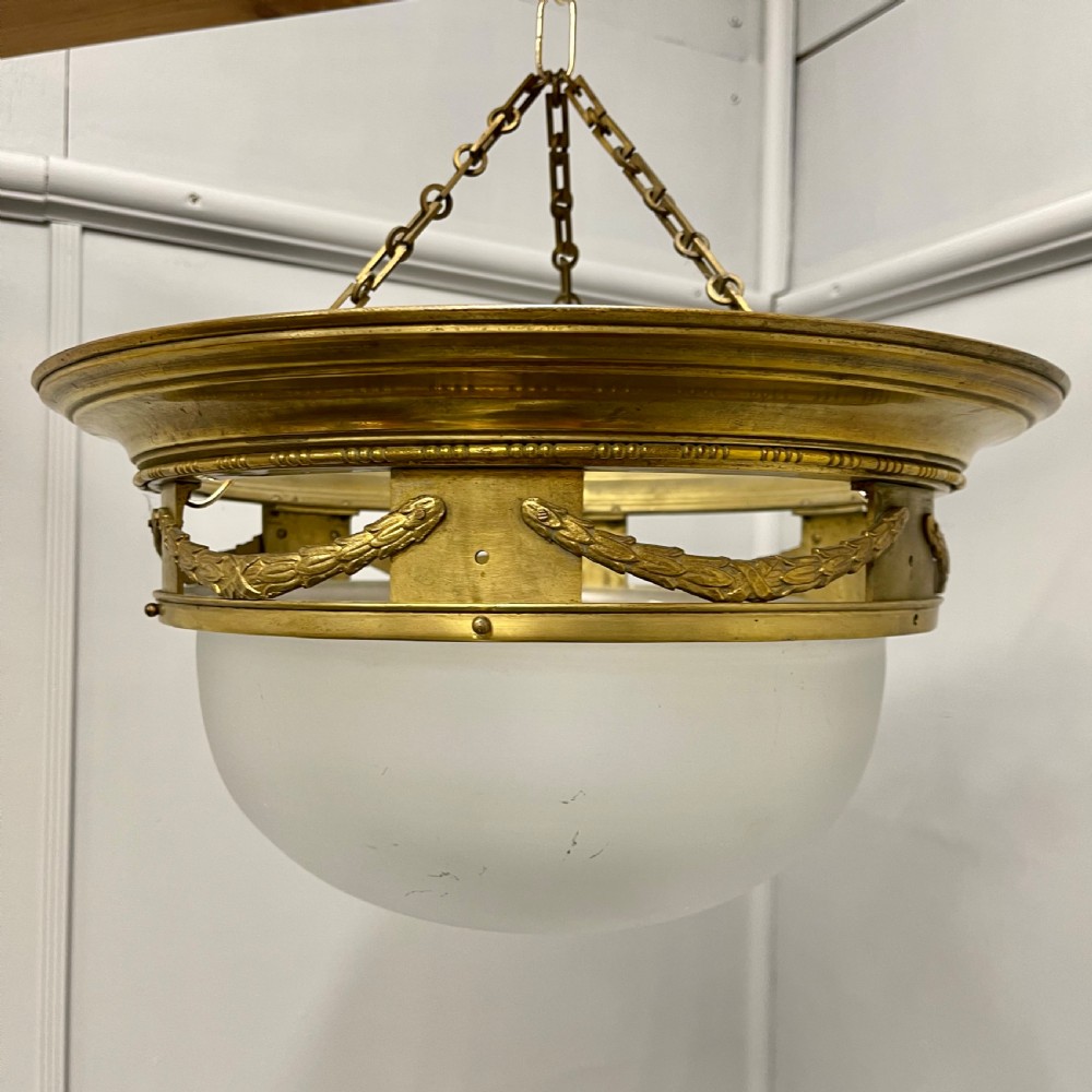 French Empire brass & frosted glass hanging shade