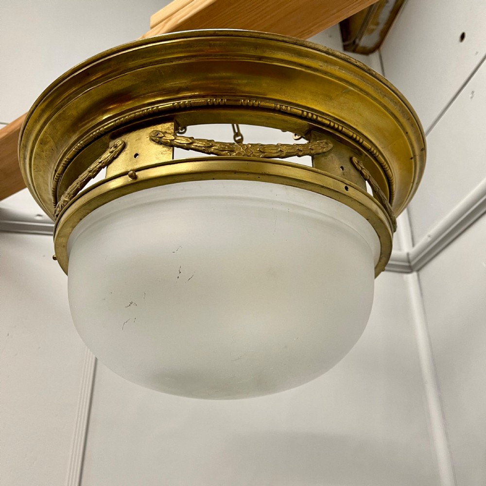 French Empire brass & frosted glass hanging shade View III