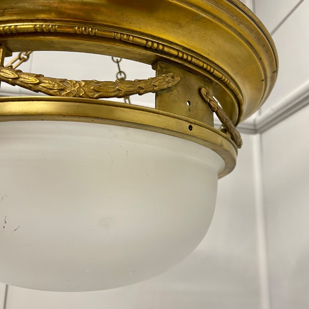 French Empire brass & frosted glass hanging shade View IV