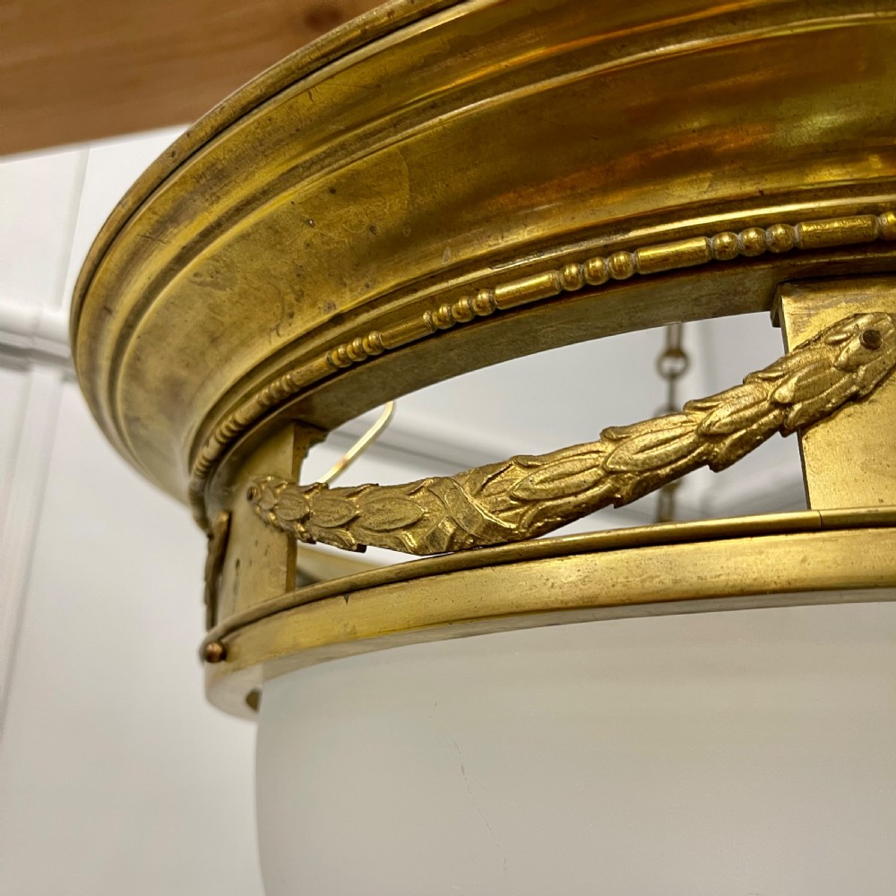 French Empire brass & frosted glass hanging shade View V