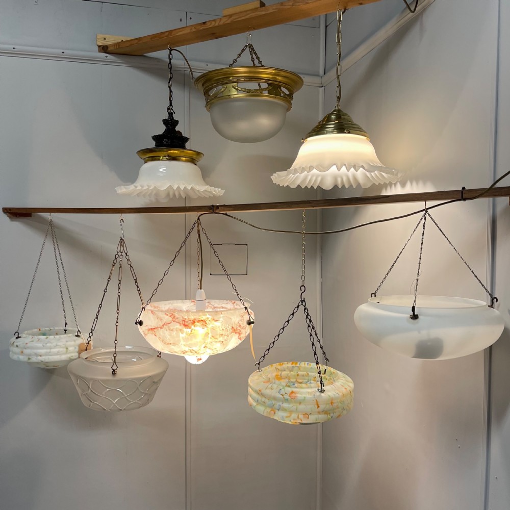 French Empire brass & frosted glass hanging shade View VIII
