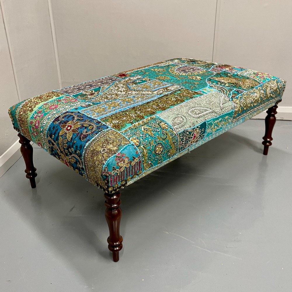 Large Indian patchwork tapestry footstool