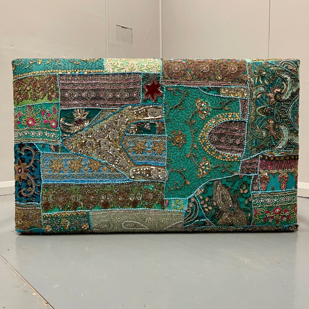 Large Indian patchwork tapestry footstool View II