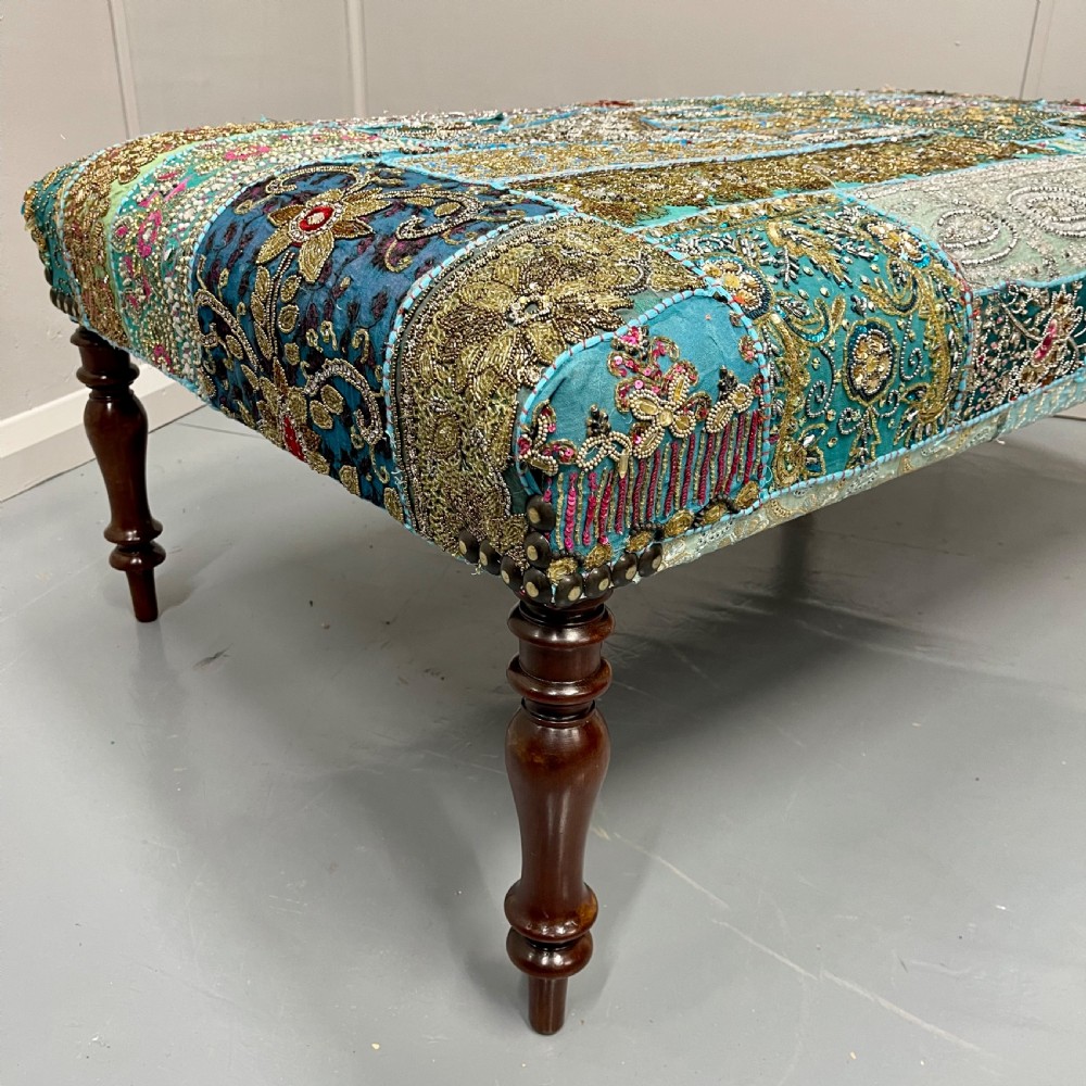 Large Indian patchwork tapestry footstool View III