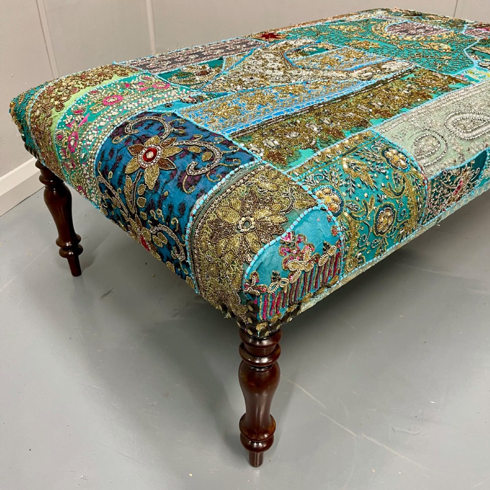 Large Indian patchwork tapestry footstool View IV