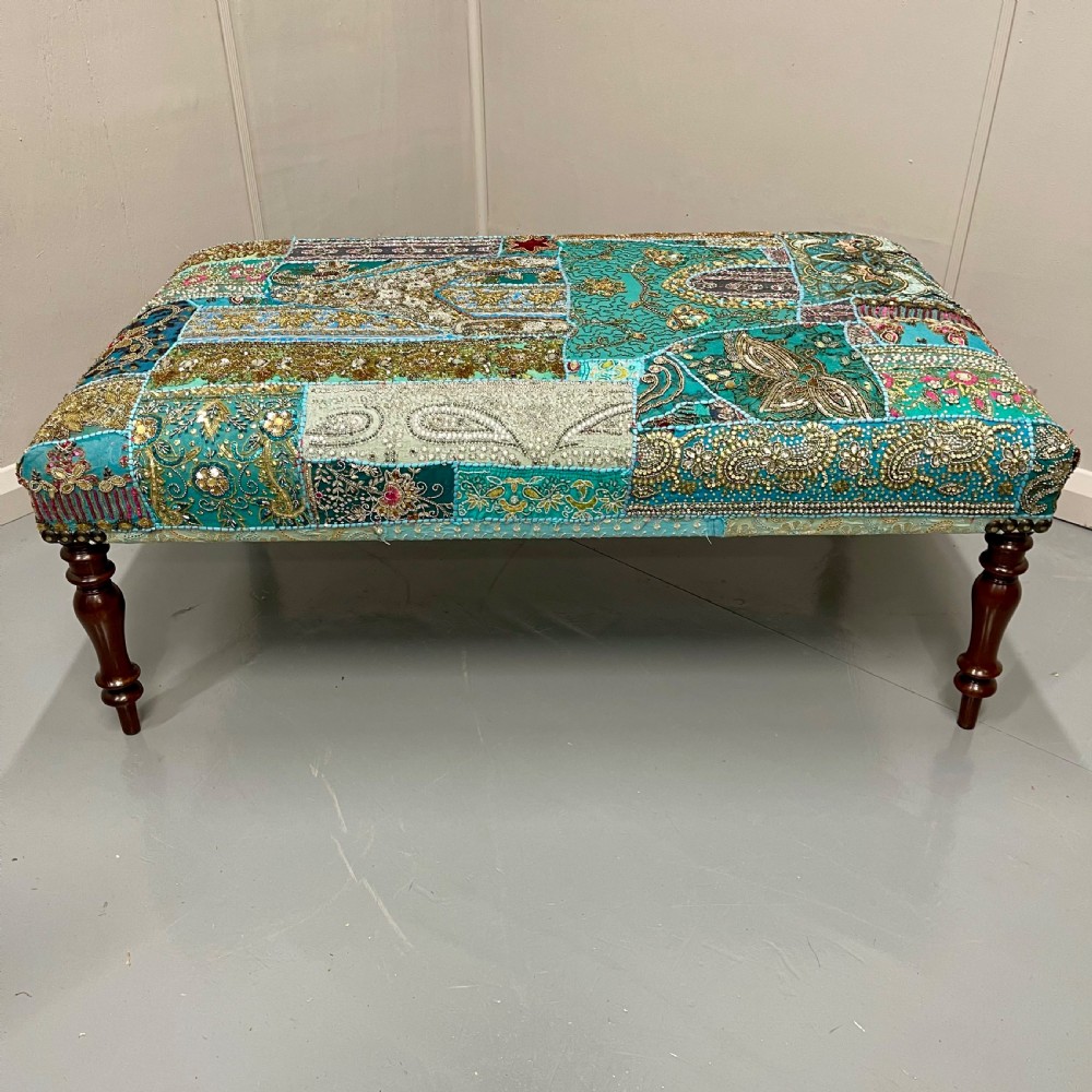 Large Indian patchwork tapestry footstool View V