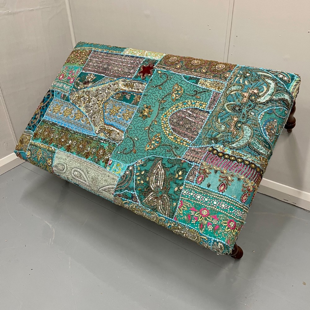 Large Indian patchwork tapestry footstool View VI