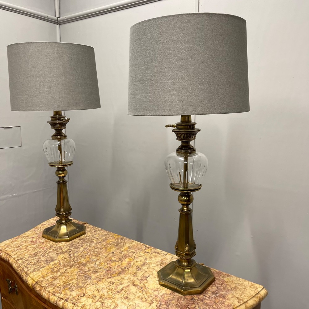 Pair of brass and cut glass table lamps View II