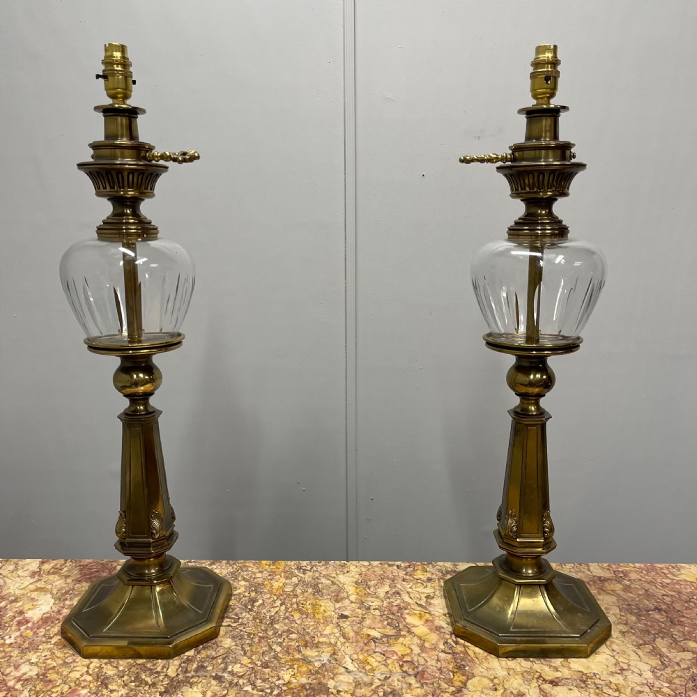 Pair of brass and cut glass table lamps View III