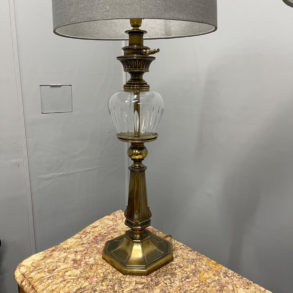 Pair of brass and cut glass table lamps View V
