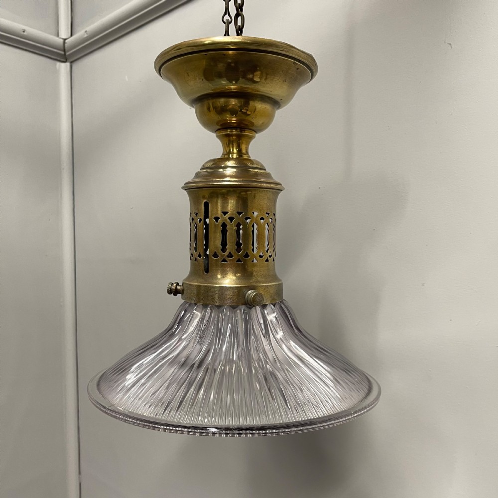 Elegant brass and holophane shade hanging light