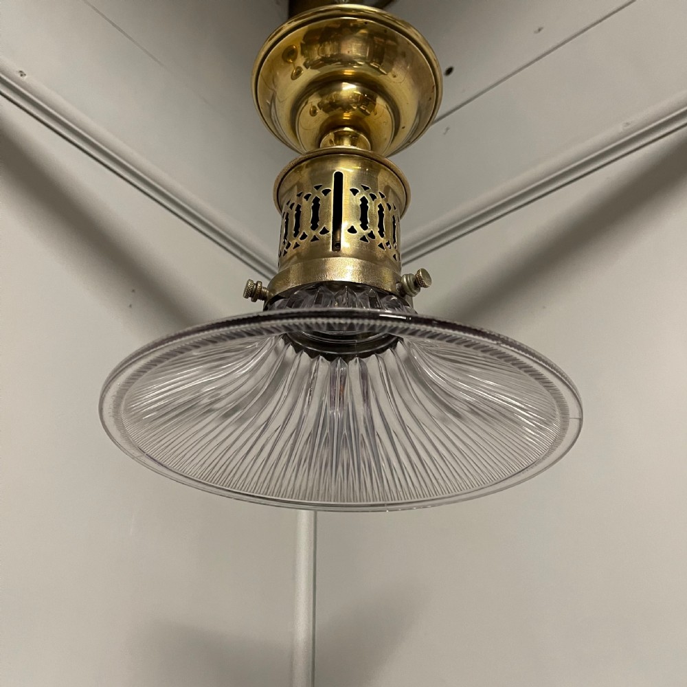 Elegant brass and holophane shade hanging light View II