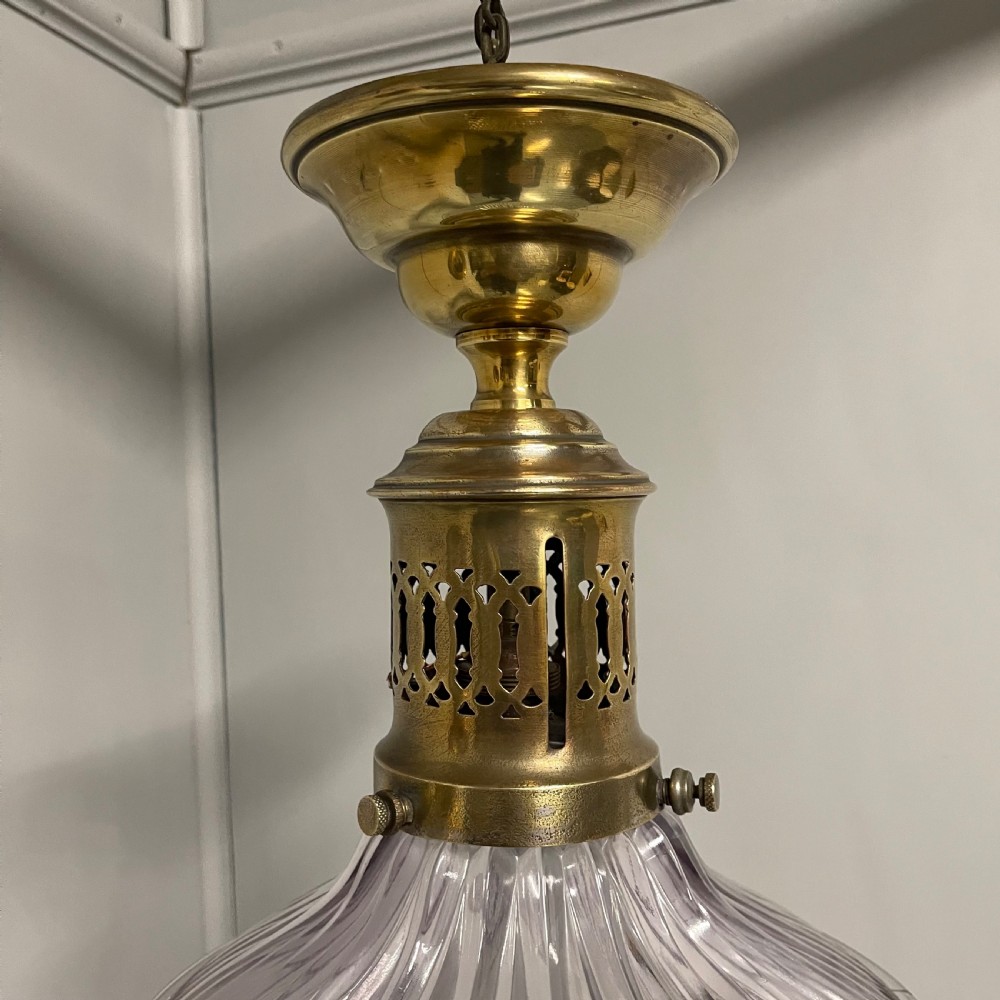 Elegant brass and holophane shade hanging light View III