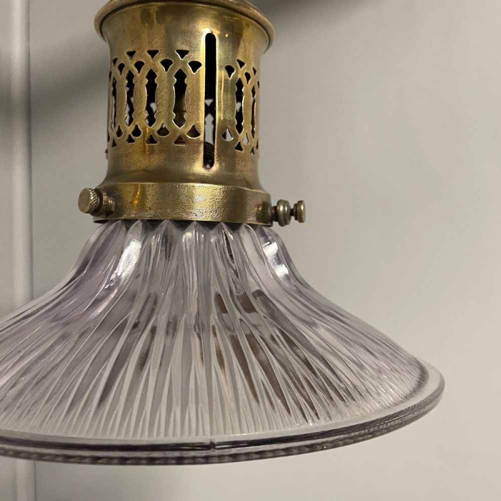 Elegant brass and holophane shade hanging light View IV