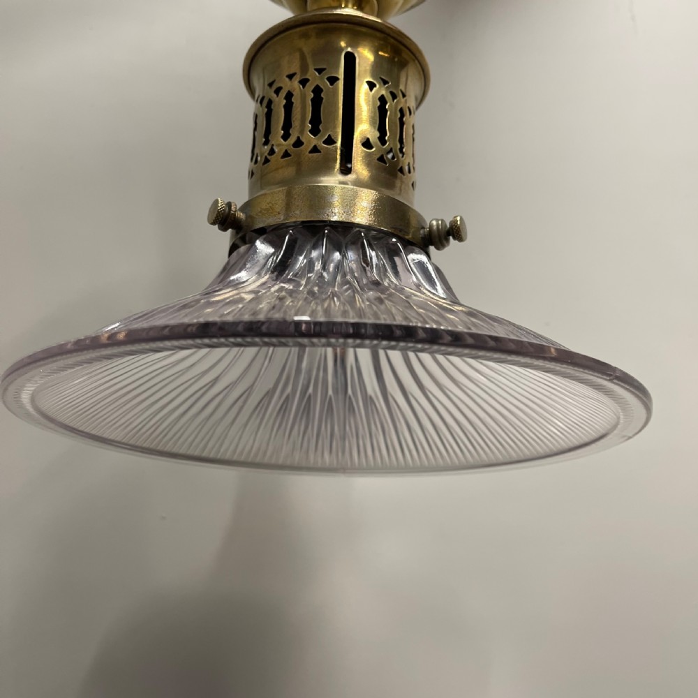 Elegant brass and holophane shade hanging light View V