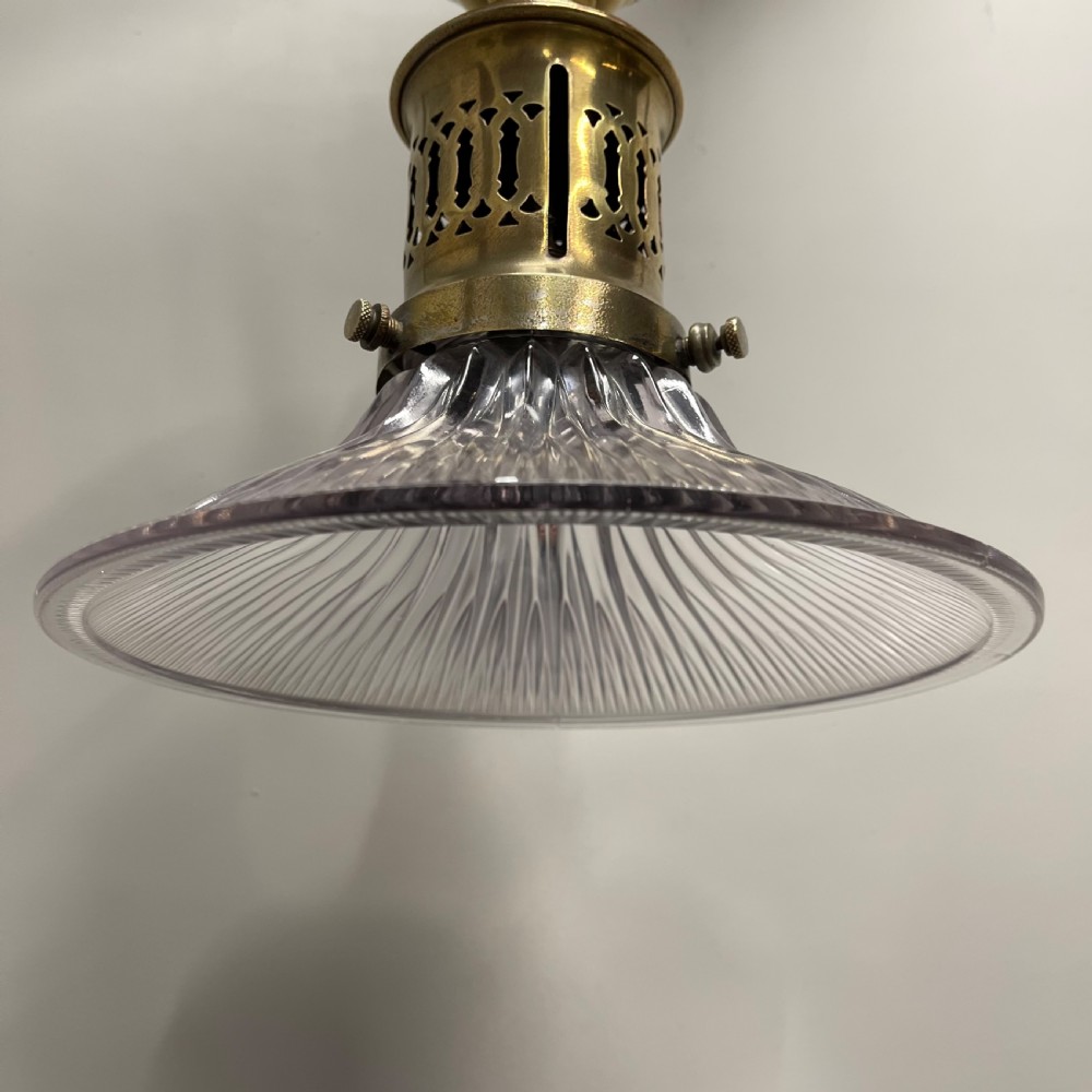 Elegant brass and holophane shade hanging light View VI
