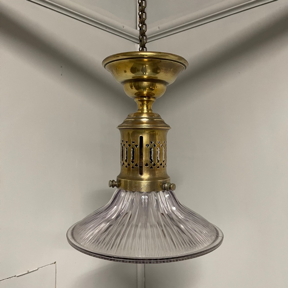 Elegant brass and holophane shade hanging light View VII