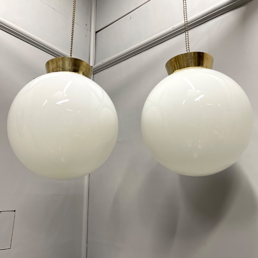 Pair of opaline milk glass globe pendant lights View III