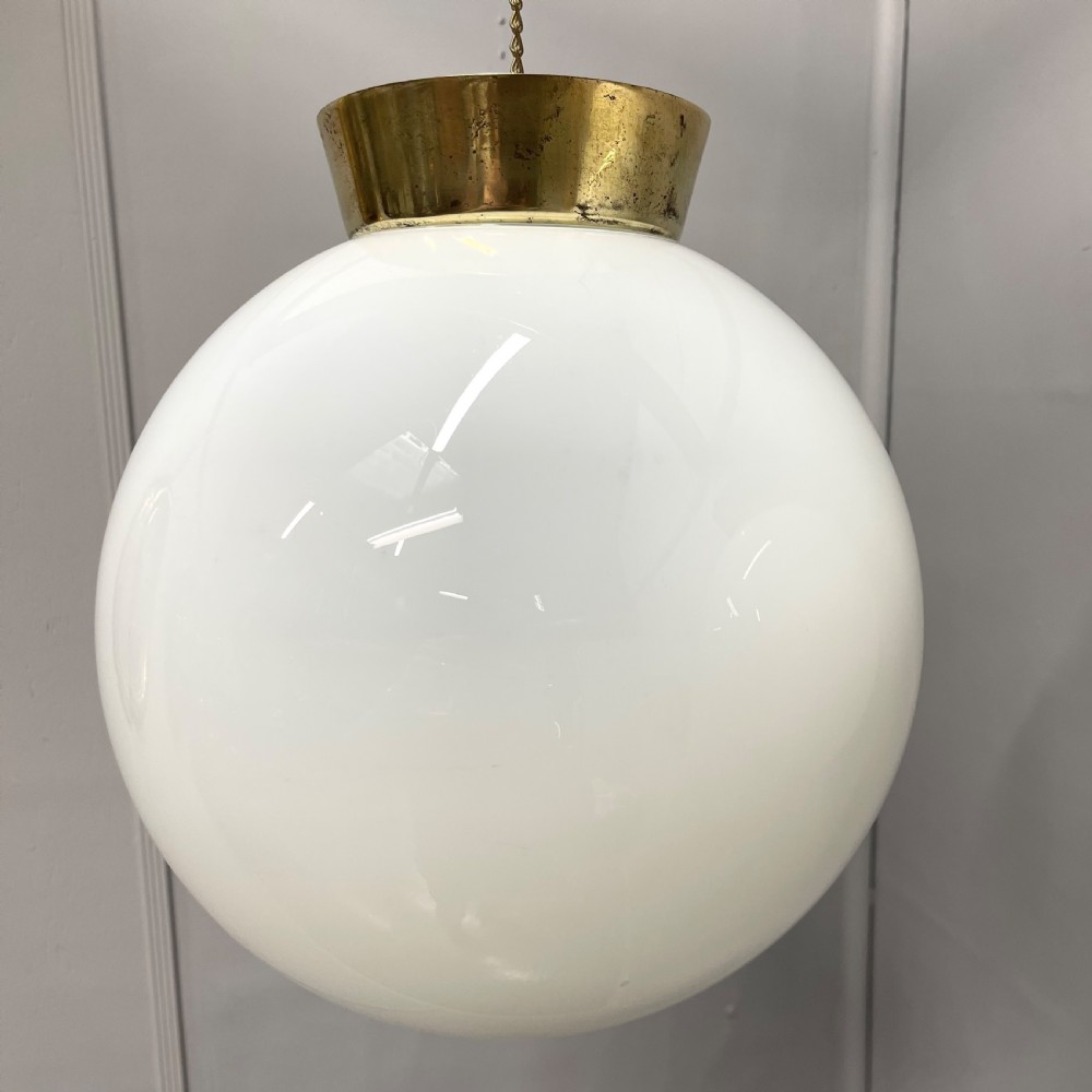 Pair of opaline milk glass globe pendant lights View IV