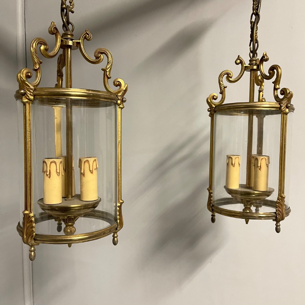 Pair of French brass cylinder hanging lanterns View II