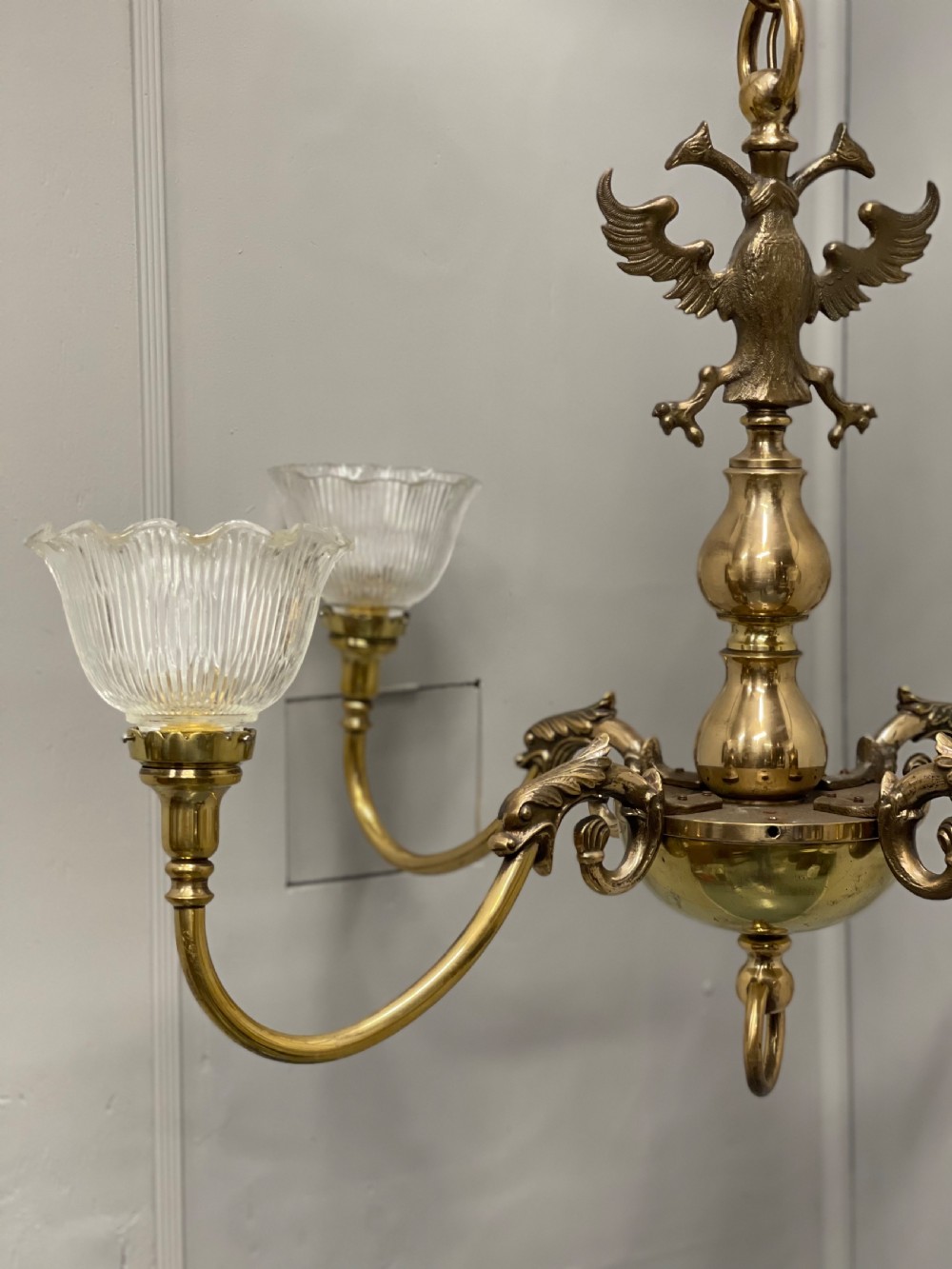 Large brass chandelier with holophane shades  View IV