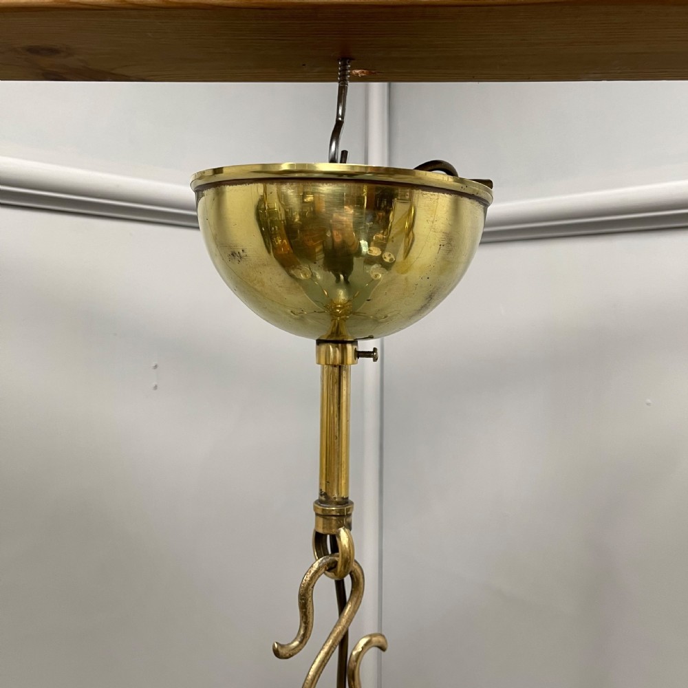 Large brass chandelier with holophane shades  View VII
