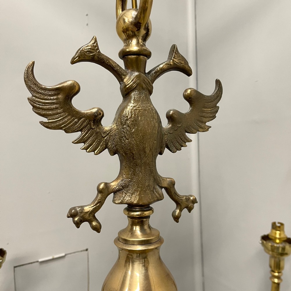 Large brass chandelier with holophane shades  View IX