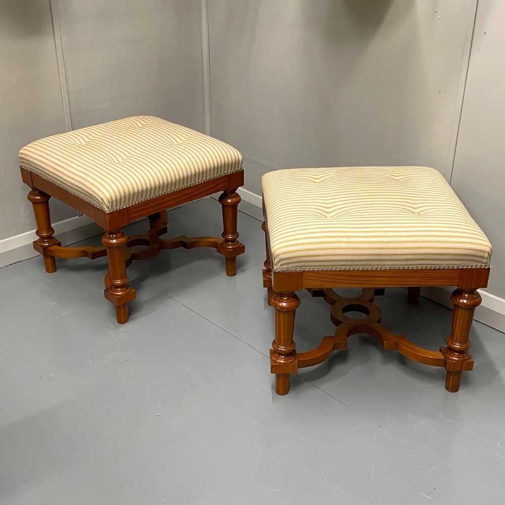 Pair of French satinwood stools with buttoned ticking stripes