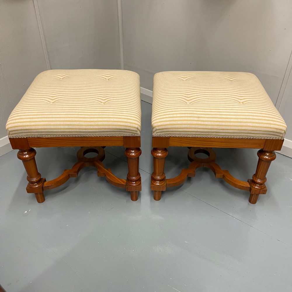 Pair of French satinwood stools with buttoned ticking stripes View II