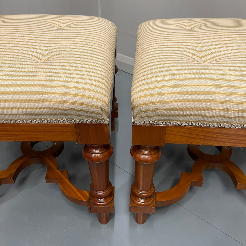 Pair of French satinwood stools with buttoned ticking stripes View III