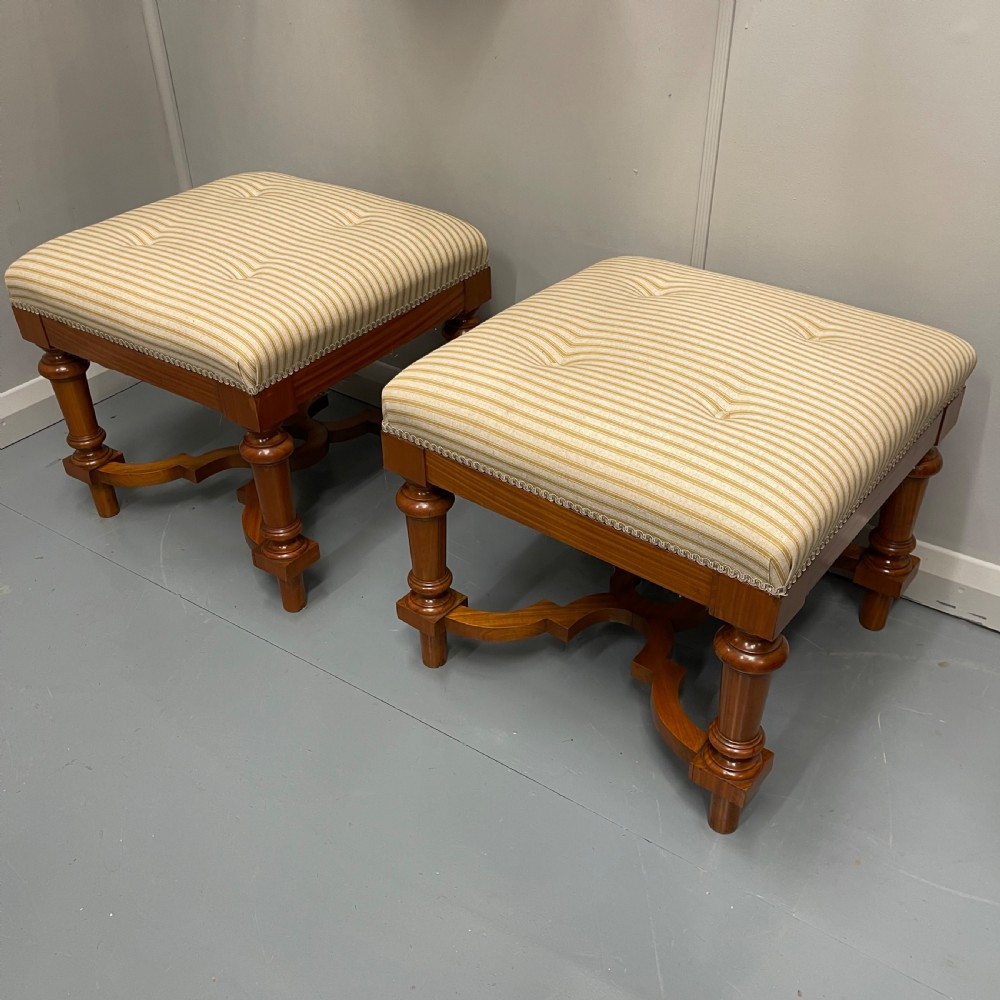 Pair of French satinwood stools with buttoned ticking stripes View V