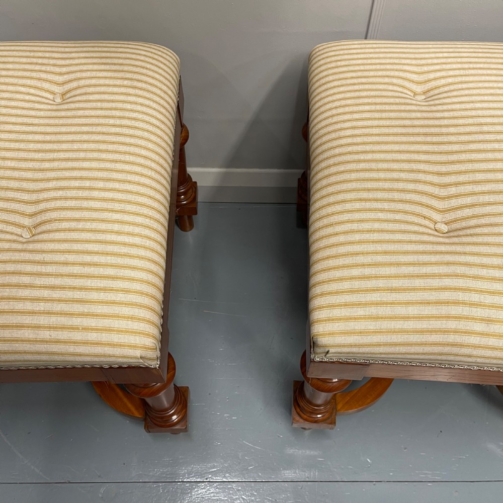 Pair of French satinwood stools with buttoned ticking stripes View VI