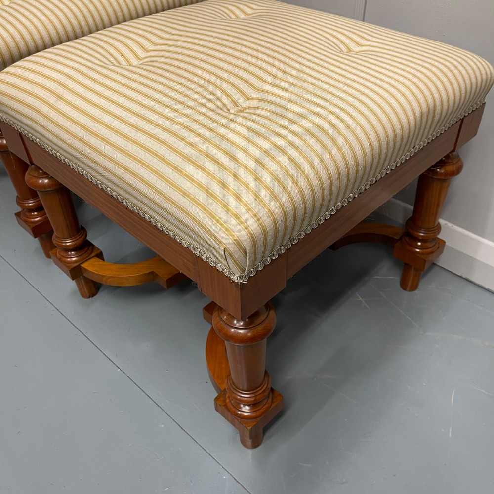 Pair of French satinwood stools with buttoned ticking stripes View VII