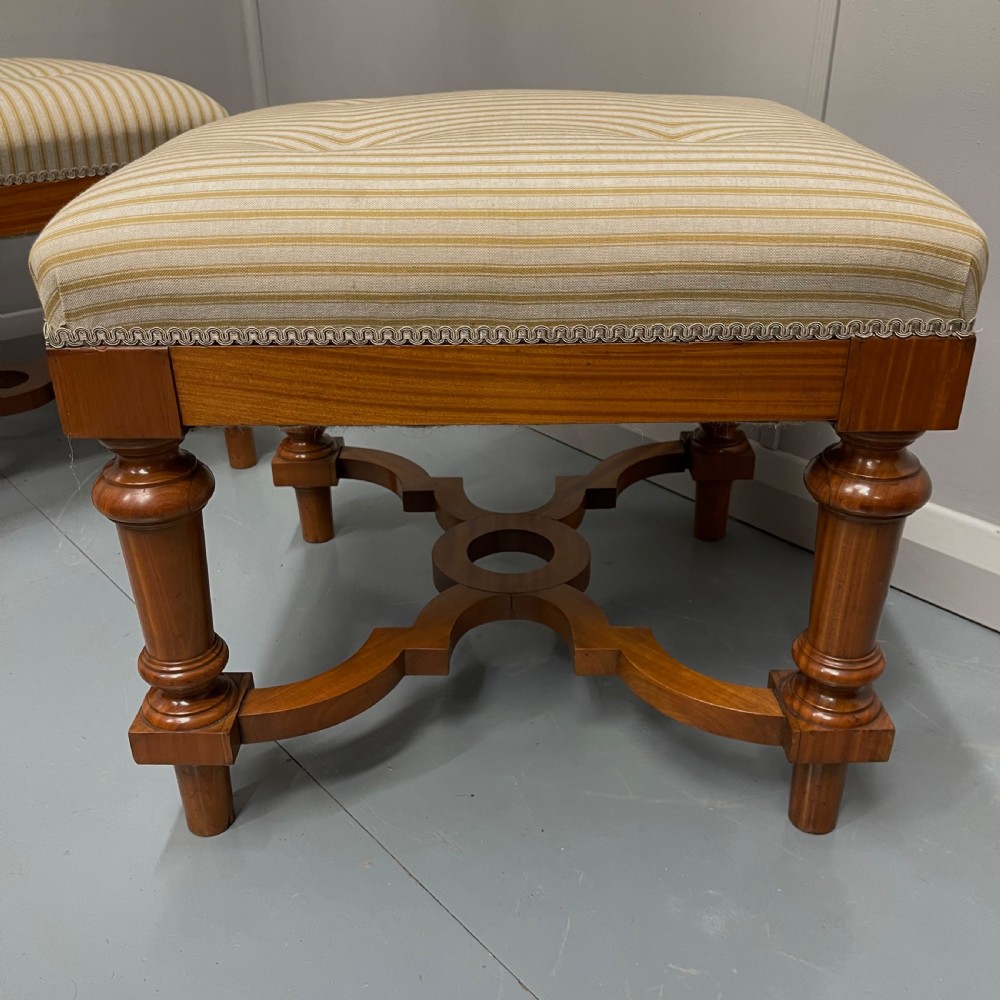 Pair of French satinwood stools with buttoned ticking stripes View VIII