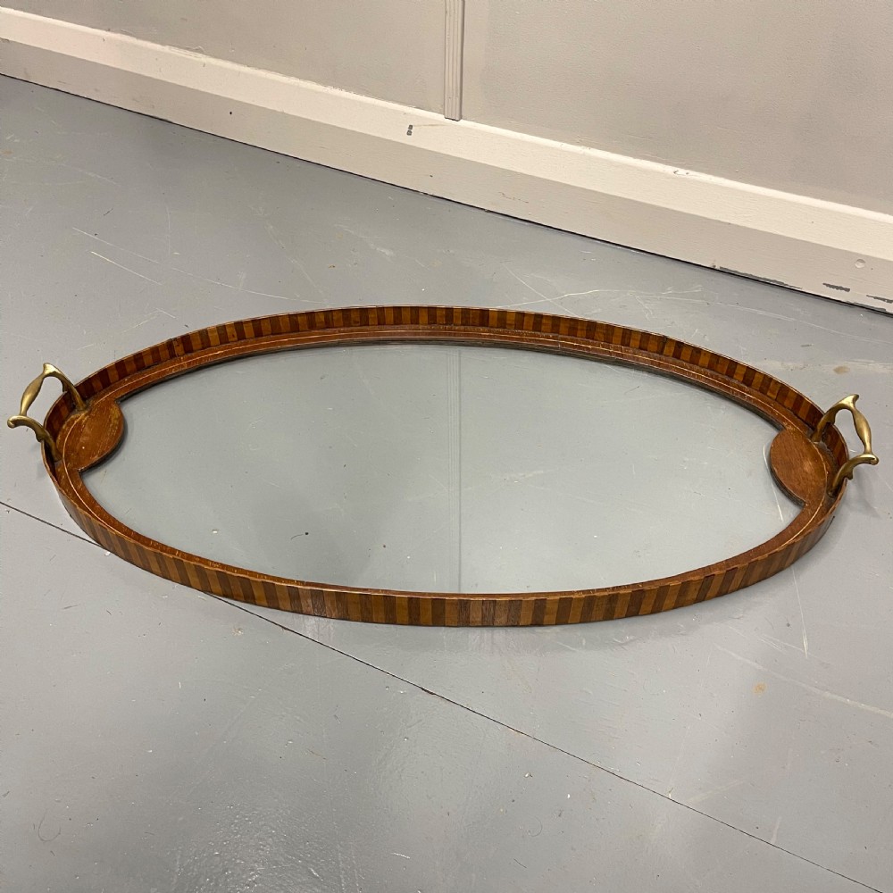 Banded oval glass tray with brass handles, inc p&p  View IV