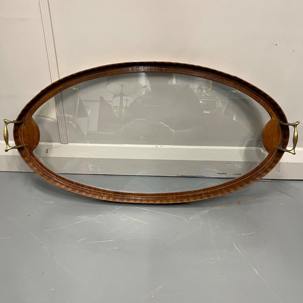 Banded oval glass tray with brass handles, inc p&p  View V